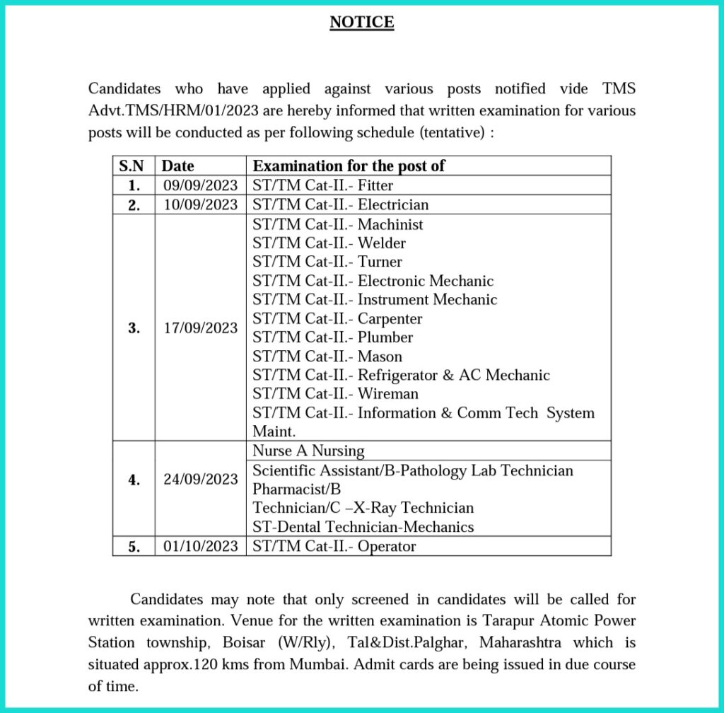 NPCIL Tarapur Exam Date 2023 