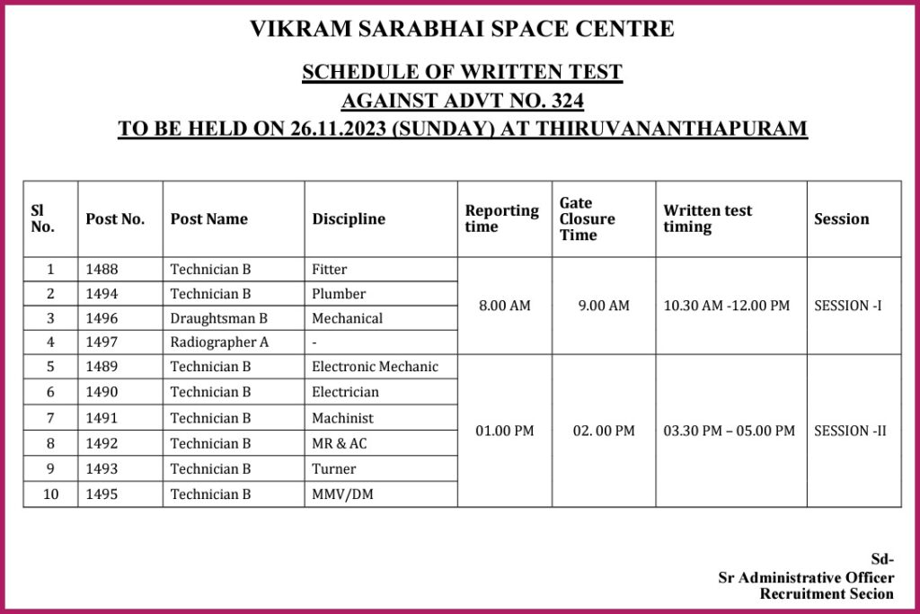 ISRO VSSC Exam Schedule 2023 