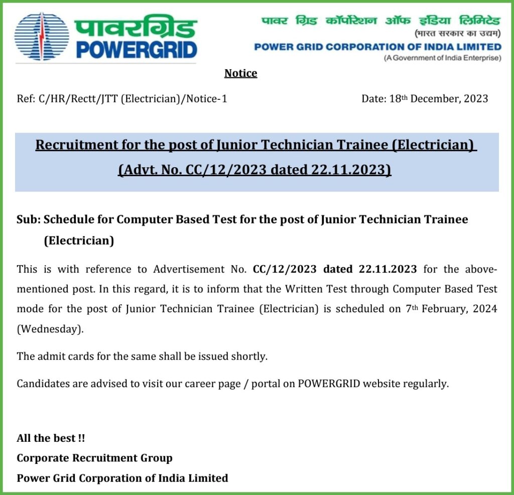 PGCIL Junior Technician Exam Date 2023 Official Notice 
