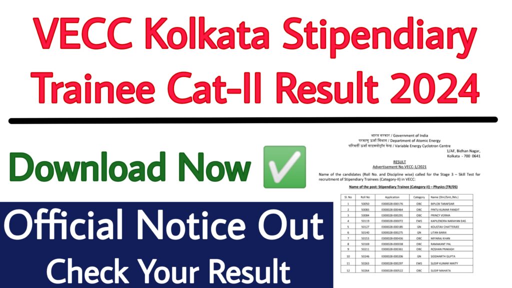 VECC Kolkata Stipendiary Trainee Cat-II Result 2024